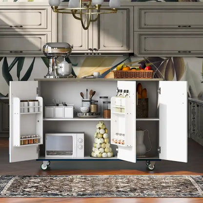 51 in. W Kitchen Island Retro Drop-Leaf Desktop on 4 Wheels with Internal Storage Rack and Towel Rack