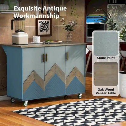 51 in. W Kitchen Island Retro Drop-Leaf Desktop on 4 Wheels with Internal Storage Rack and Towel Rack