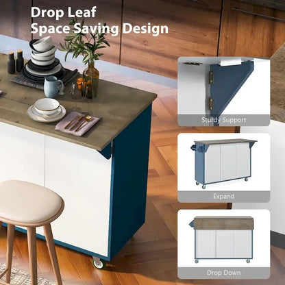 51 in. W Kitchen Island Retro Drop-Leaf Desktop on 4 Wheels with Internal Storage Rack and Towel Rack