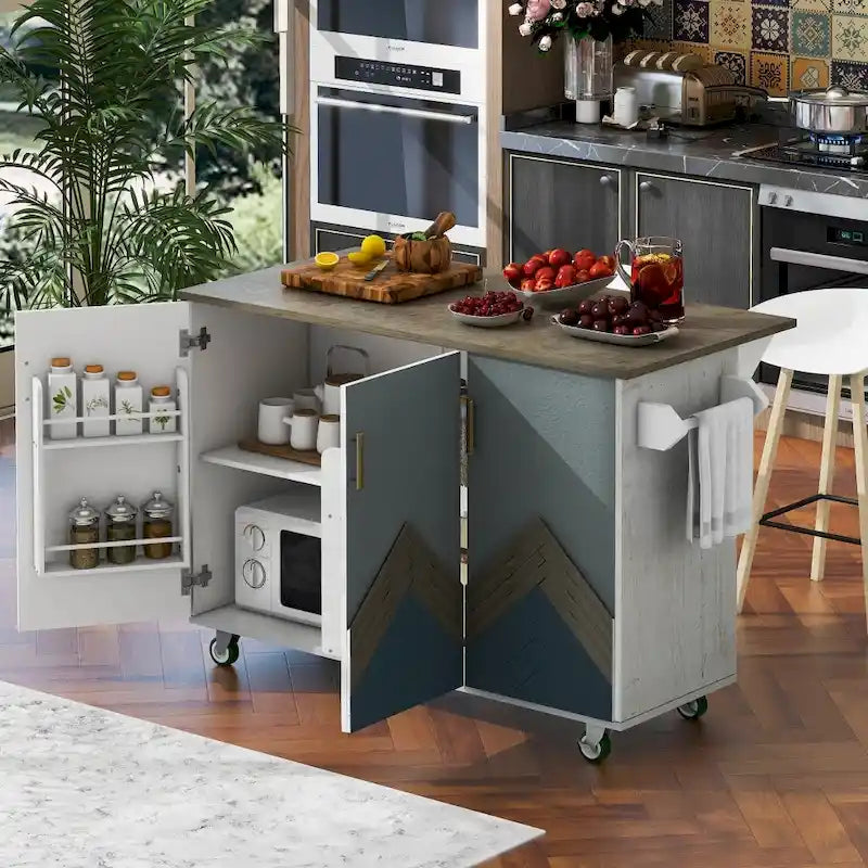 51 in. W Kitchen Island Retro Drop-Leaf Desktop on 4 Wheels with Internal Storage Rack and Towel Rack