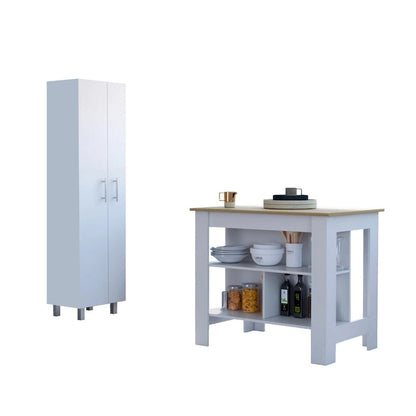 Hayne 9-Shelf 2-Door 2-piece Kitchen Set, Kitchen Island and Pantry White and Walnut