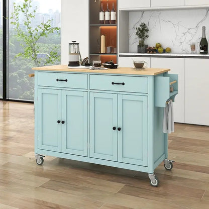 Kitchen Island Cart with Solid Wood Top, Locking Wheels, Spice & Towel Rack