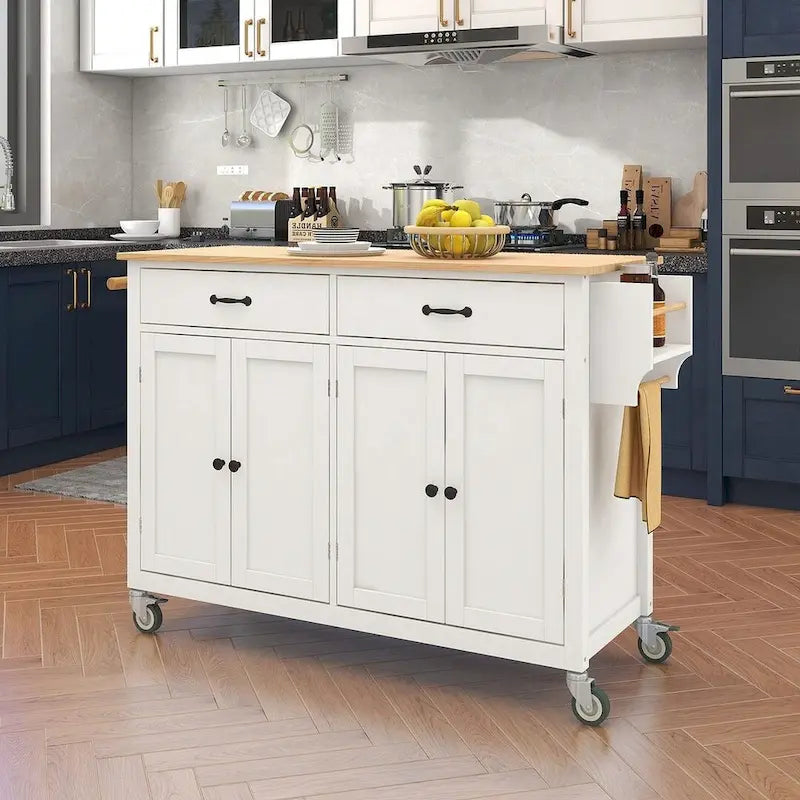 Kitchen Island Cart with Solid Wood Top, Locking Wheels, Spice & Towel Rack