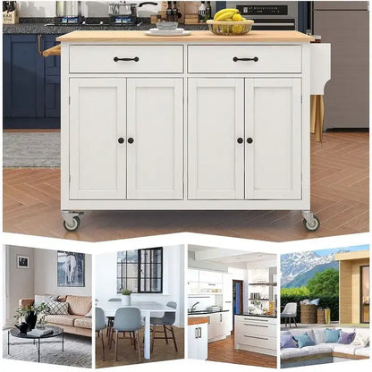 Kitchen Island Cart with Solid Wood Top, Locking Wheels, Spice & Towel Rack