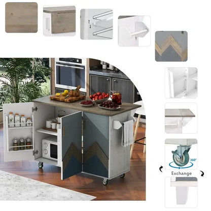 Retro 47D Kitchen Island on Wheels with Drop Leaf,Internal Storage Rack