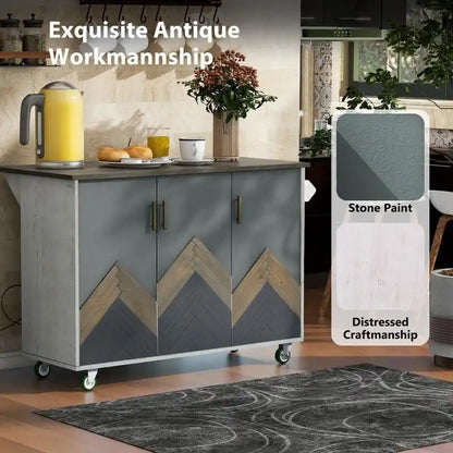 Retro 47D Kitchen Island on Wheels with Drop Leaf,Internal Storage Rack
