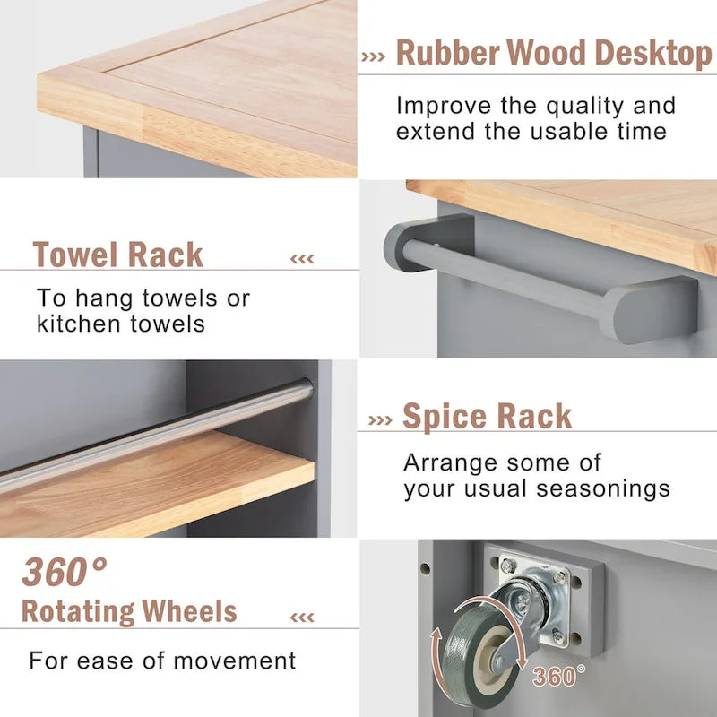 Rolling Kitchen Island with Storage, Two-sided Kitchen island Cart on Wheels with Wood Top, Wine and Spice Rack