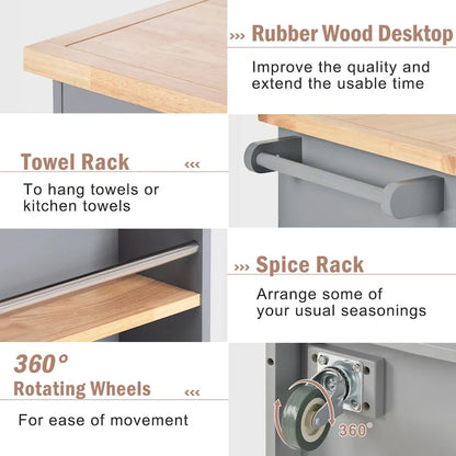 Rolling Kitchen Island with Storage, Two-sided Kitchen island Cart on Wheels with Wood Top, Wine and Spice Rack