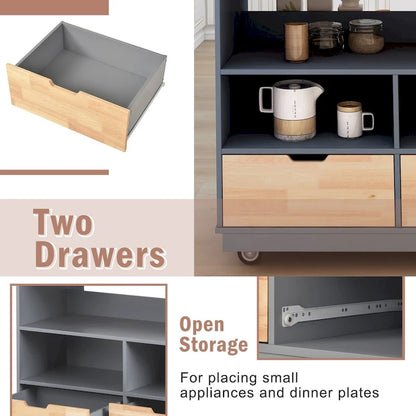 Rolling Kitchen Island with Storage, Two-sided Kitchen island Cart on Wheels with Wood Top, Wine and Spice Rack