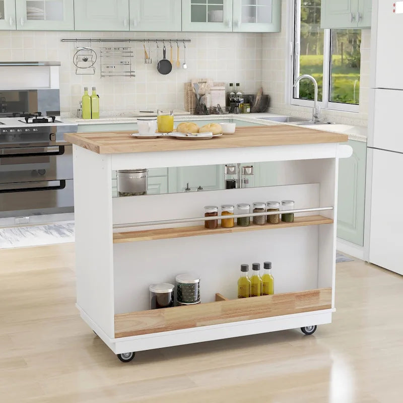 Rolling Kitchen Island with Storage, Two-sided Kitchen island Cart on Wheels with Wood Top, Wine and Spice Rack