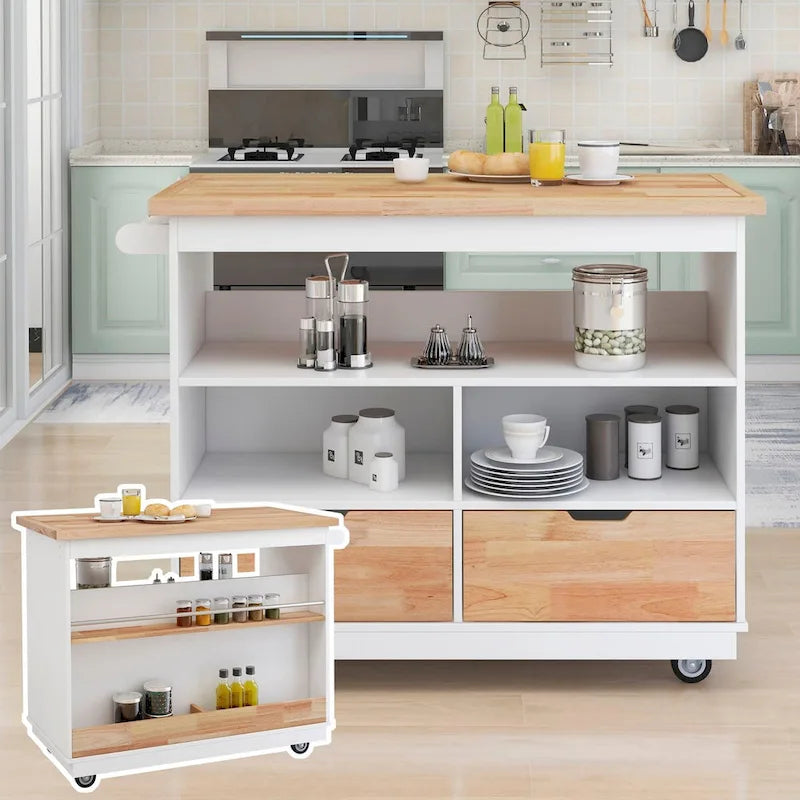Rolling Kitchen Island with Storage, Two-sided Kitchen island Cart on Wheels with Wood Top, Wine and Spice Rack