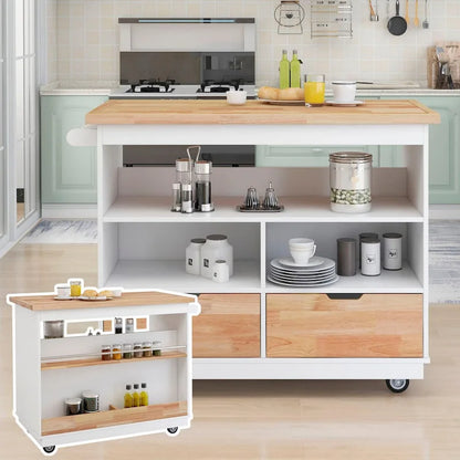 Rolling Kitchen Island with Storage, Two-sided Kitchen island Cart on Wheels with Wood Top, Wine and Spice Rack