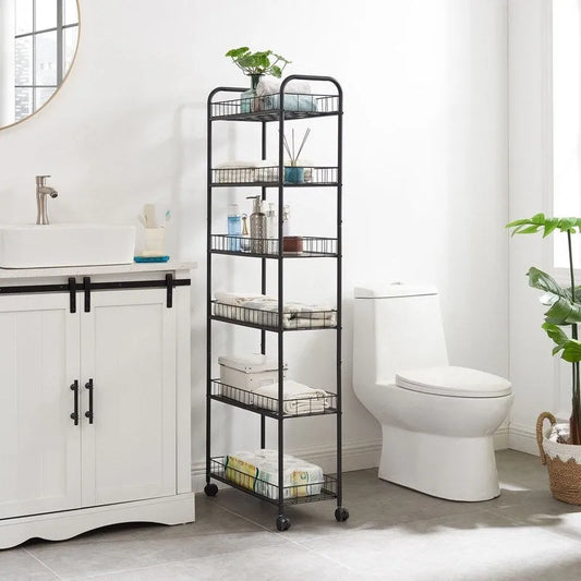 Mieres Slim Rolling Storage Cart, Multifunction Storage Trolley, Mobile Shelving Utility Rolling Cart with Lockable Wheels