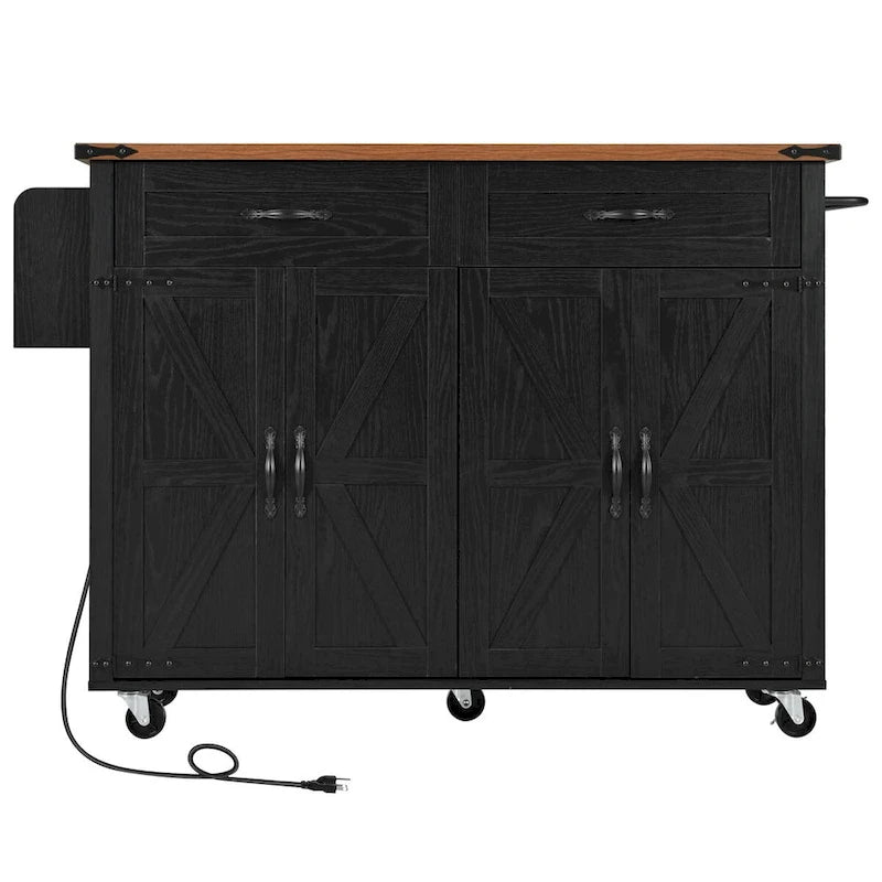 53.5 Farmhouse Kitchen Trolley with Power Outlet, Drop Leaf, Spice Rack, and Drawers, Mobile Cart on Wheels
