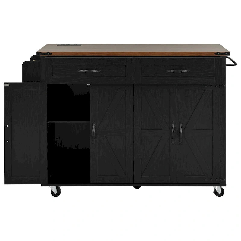 53.5 Farmhouse Kitchen Trolley with Power Outlet, Drop Leaf, Spice Rack, and Drawers, Mobile Cart on Wheels