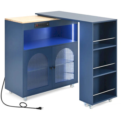 56.3 in. W Kitchen Island with Extended Table, LED Lights and Side 3 Open Shelves