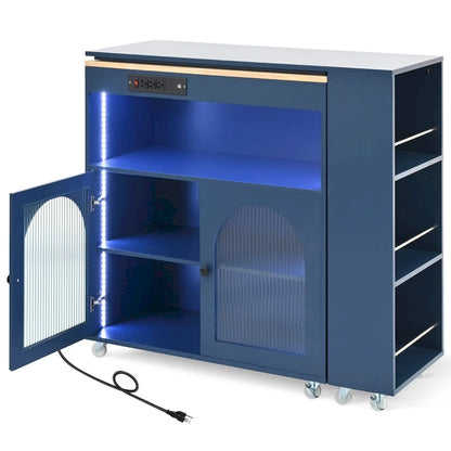 56.3 in. W Kitchen Island with Extended Table, LED Lights and Side 3 Open Shelves