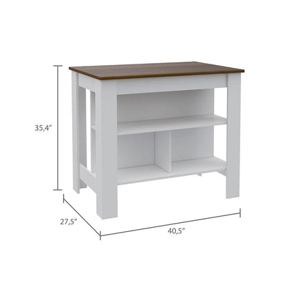 Open Kitchen Island,4 Legs, Three Shelves -White / Walnut