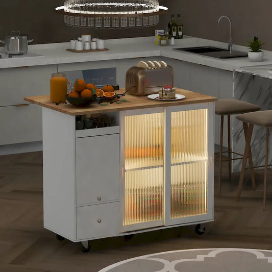 Kitchen Island with Drop Leaf,LED Light Cart on Wheels with 2 Fluted Glass Doors,Adjustable Shelf,2 Drawers,1 Flip Cabinet Door
