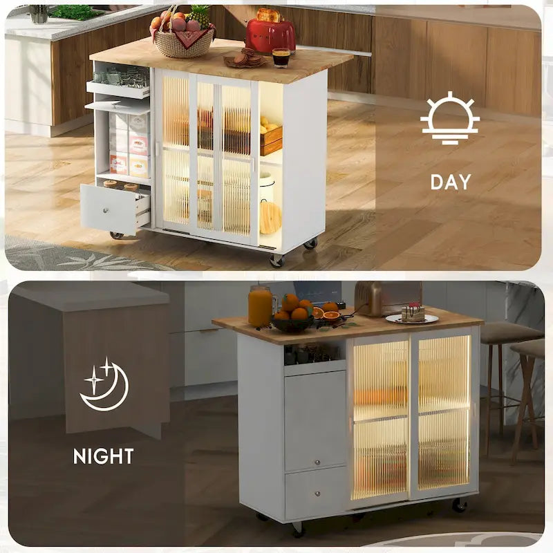 Kitchen Island with Drop Leaf,LED Light Cart on Wheels with 2 Fluted Glass Doors,Adjustable Shelf,2 Drawers,1 Flip Cabinet Door
