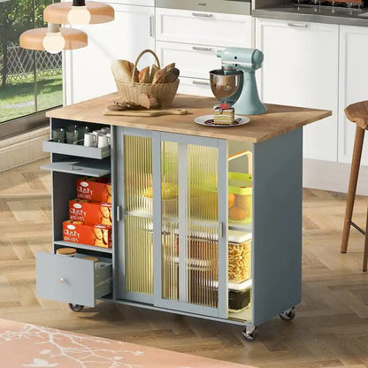 Kitchen Island with Drop Leaf,LED Light Cart on Wheels with 2 Fluted Glass Doors,Adjustable Shelf,2 Drawers,1 Flip Cabinet Door