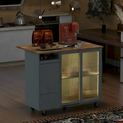 Kitchen Island with Drop Leaf,LED Light Cart on Wheels with 2 Fluted Glass Doors,Adjustable Shelf,2 Drawers,1 Flip Cabinet Door