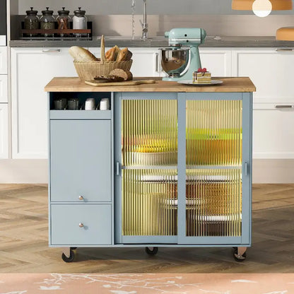 Kitchen Island with Drop Leaf,LED Light Cart on Wheels with 2 Fluted Glass Doors,Adjustable Shelf,2 Drawers,1 Flip Cabinet Door