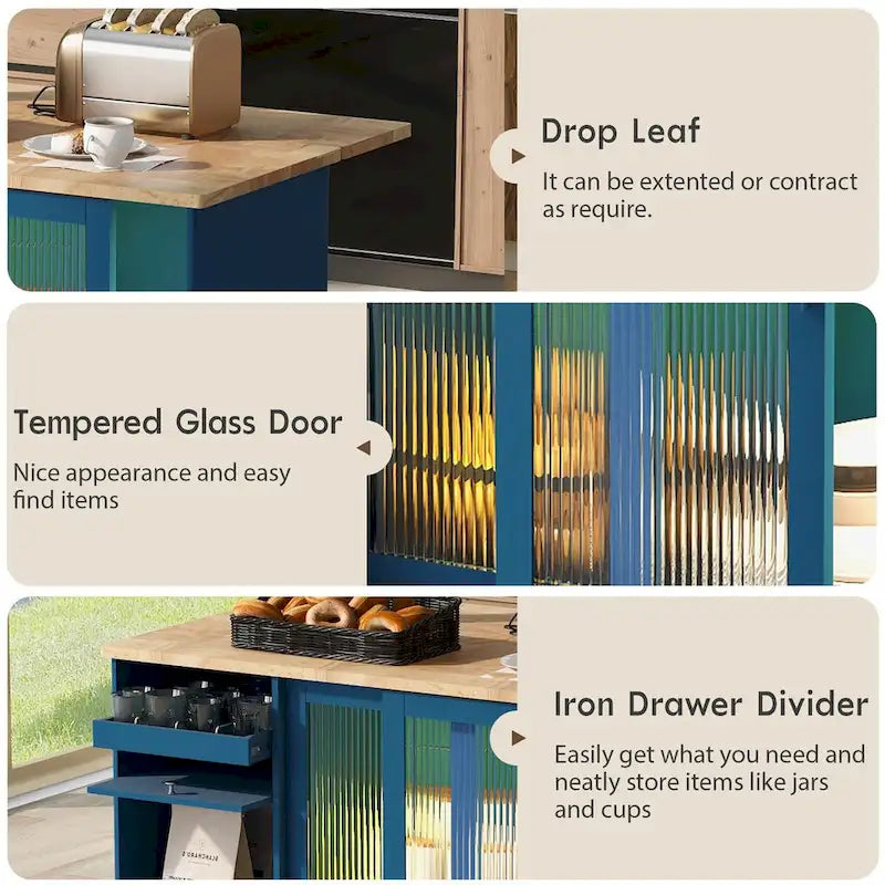 Kitchen Island with Drop Leaf,LED Light Cart on Wheels with 2 Fluted Glass Doors,Adjustable Shelf,2 Drawers,1 Flip Cabinet Door
