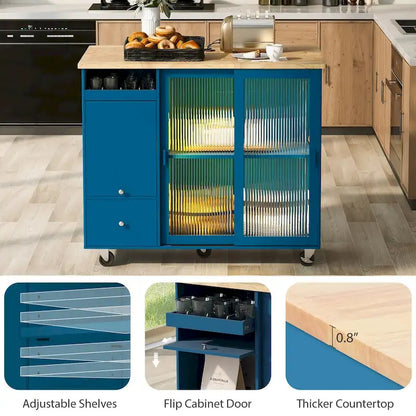 Kitchen Island with Drop Leaf,LED Light Cart on Wheels with 2 Fluted Glass Doors,Adjustable Shelf,2 Drawers,1 Flip Cabinet Door