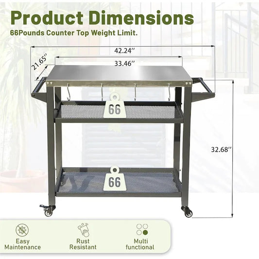 3-Shelf Outdoor Grill Cart with Wheels, Stainless Steel Tabletop