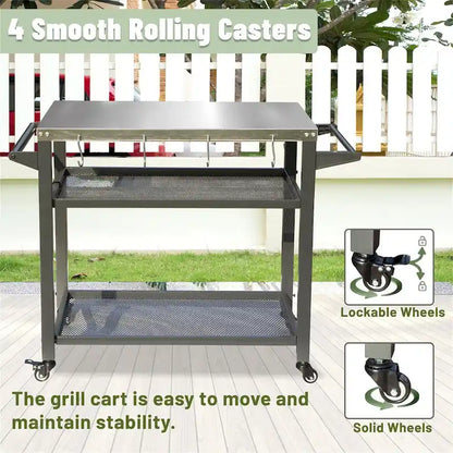 3-Shelf Outdoor Grill Cart with Wheels, Stainless Steel Tabletop