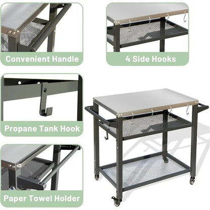 3-Shelf Outdoor Grill Cart with Wheels, Stainless Steel Tabletop