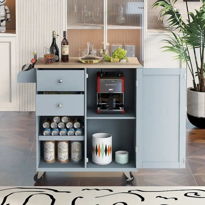 Rubberwood Kitchen Cart with Drop Leaf, Internal Storage Rack, Towel Holder, Spice Rack, and 2 drawers
