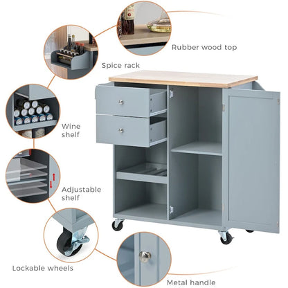 Rubberwood Kitchen Cart with Drop Leaf, Internal Storage Rack, Towel Holder, Spice Rack, and 2 drawers