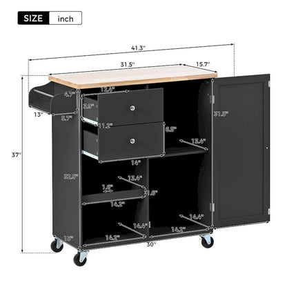 Rubberwood Kitchen Cart with Drop Leaf, Internal Storage Rack, Towel Holder, Spice Rack, and 2 drawers