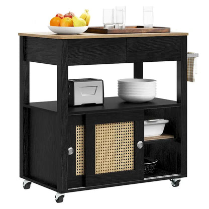 Moasis Rattan Rolling Kitchen Island with Storage Cabinet - 32.2L x19.5W x 35H