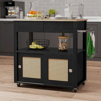 Moasis Rattan Rolling Kitchen Island with Storage Cabinet - 32.2L x19.5W x 35H