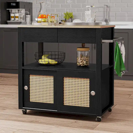 Moasis Rattan Rolling Kitchen Island with Storage Cabinet - 32.2L x19.5W x 35H