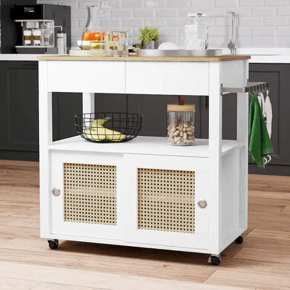 Moasis Rattan Rolling Kitchen Island with Storage Cabinet - 32.2L x19.5W x 35H