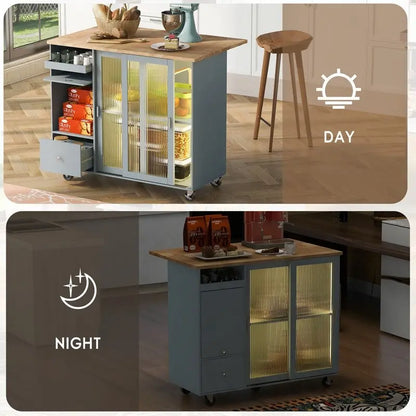 Kitchen Island Cart on Wheels with Drop Leaf,LED Light,2 Fluted Glass Doors and 1 Flip Cabinet Door