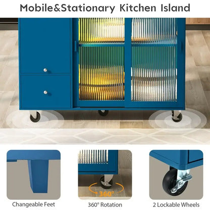 Kitchen Island Cart on Wheels with Drop Leaf,LED Light,2 Fluted Glass Doors and 1 Flip Cabinet Door