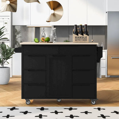 Rubberwood Kitchen Cart with Drop Leaf, Internal Storage Rack, Tableware organizer, and 8 drawers