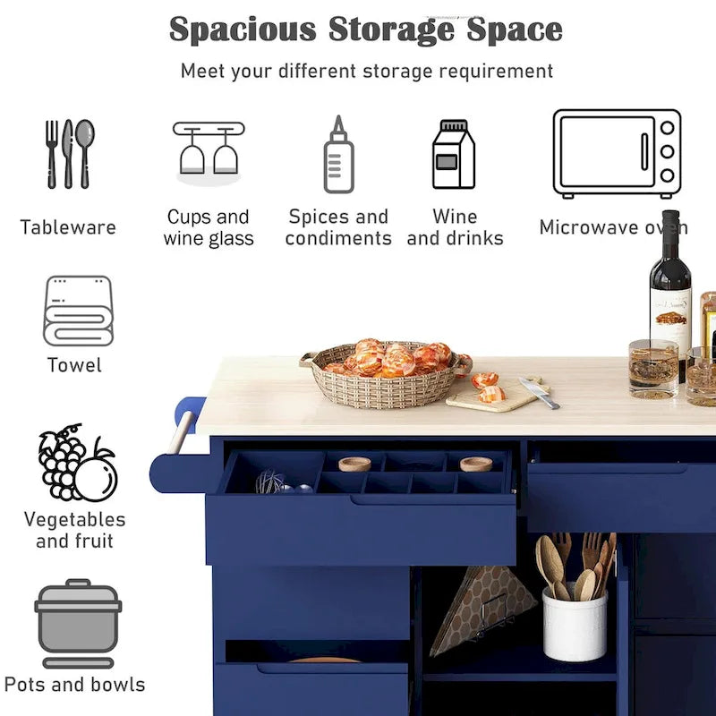 Rubberwood Kitchen Cart with Drop Leaf, Internal Storage Rack, Tableware organizer, and 8 drawers