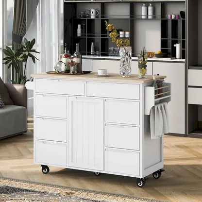 Rubberwood Kitchen Cart with Drop Leaf, Internal Storage Rack, Tableware organizer, and 8 drawers