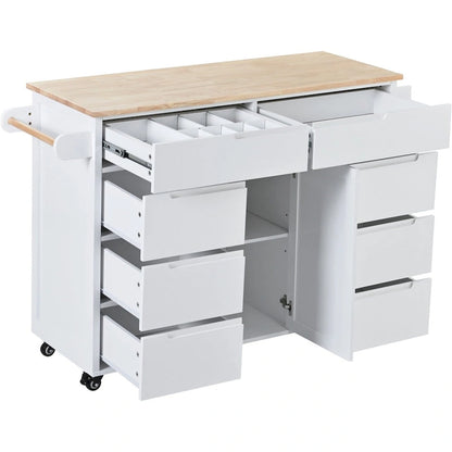 Rubberwood Kitchen Cart with Drop Leaf, Internal Storage Rack, Tableware organizer, and 8 drawers