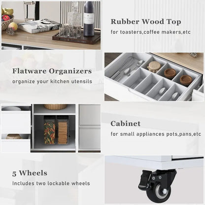 Rubberwood Kitchen Cart with Drop Leaf, Internal Storage Rack, Tableware organizer, and 8 drawers