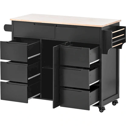 Rubberwood Kitchen Cart with Drop Leaf, Internal Storage Rack, Tableware organizer, and 8 drawers