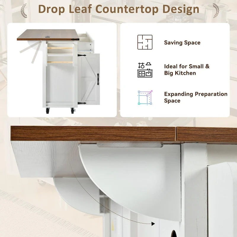 53.5 Farmhouse Kitchen Island with Power Outlet, Kitchen Storage Island with Drop Leaf, Rolling Cart On Wheels.