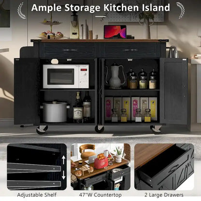 53.5 Farmhouse Kitchen Island with Power Outlet, Kitchen Storage Island with Drop Leaf, Rolling Cart On Wheels.