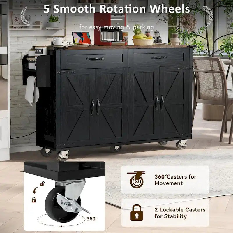 53.5 Farmhouse Kitchen Island with Power Outlet, Kitchen Storage Island with Drop Leaf, Rolling Cart On Wheels.